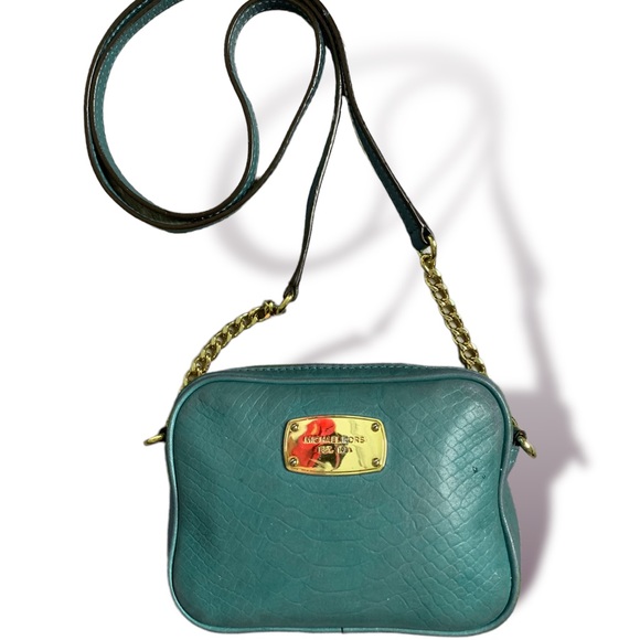 Michael Kors Luxury Leather Hamilton Sling Crossbody Bag in Turquoise & Gold - Picture 15 of 15